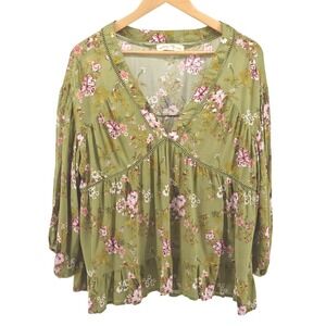 Penelope Rose Green Floral Peasant Top Women Sz‎ L Tiered Ruffle Boho Romantic